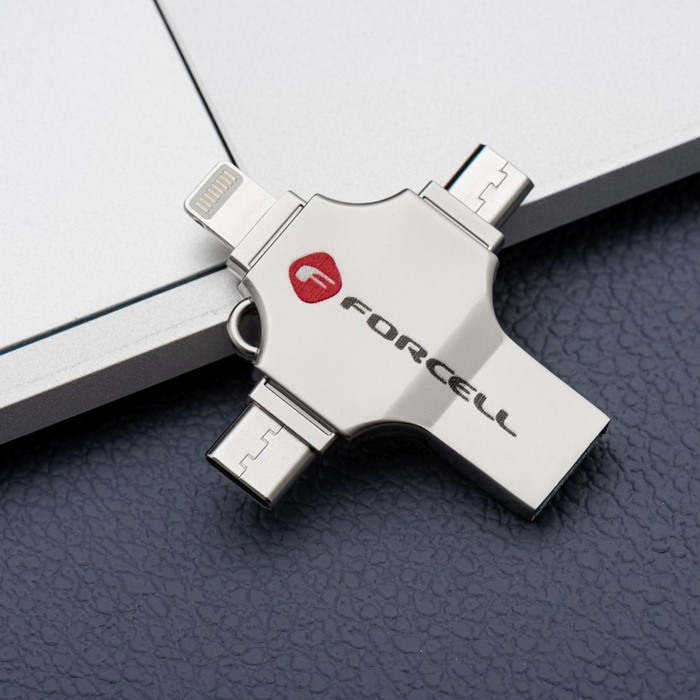 Pendrive 16GB USB 3.2 Gen 1 (USB A / USB C / Lightning / Micro USB) Forcell F-Data Metal Quad srebrny