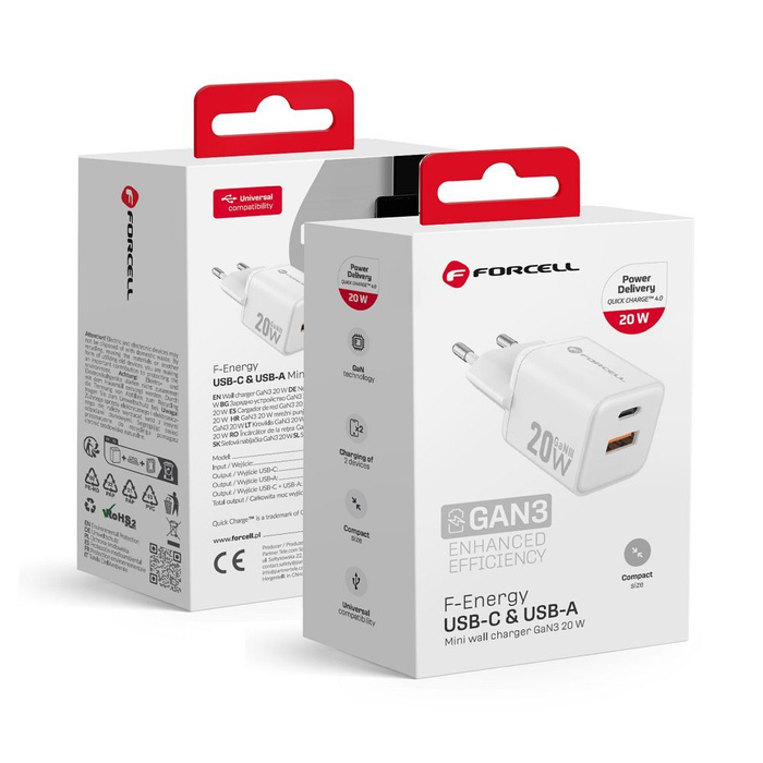 Ładowarka sieciowa do telefonu Forcell F-Energy Mini GaN III USB C + USB A QC4.0 PD 20W VT-35A biała 0INT