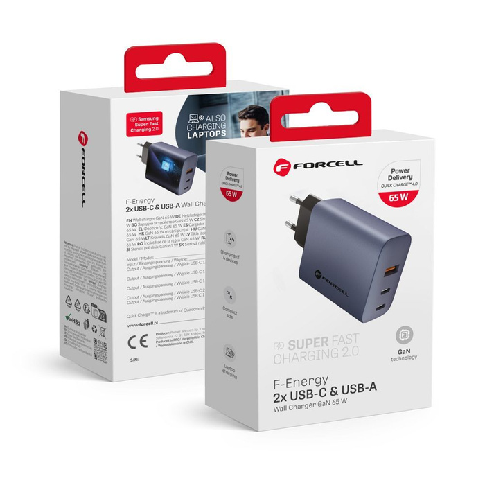 Ładowarka sieciowa do telefonu Forcell F-Energy GaN 2 x USB C + USB A QC4.0 PD 4A 65W VT-42B szara