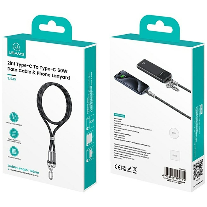 Smycz do telefonu z kablem do ładowania  Usams SJ745 60W USB-C do USB-C 1.2m niebieski