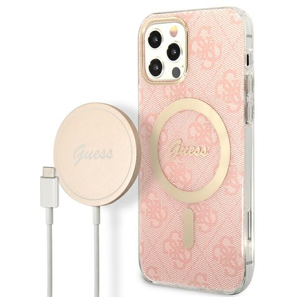 Zestaw Etui Guess Case+ Charger iPhone 12/12 Pro różowy/pink hard case 4G Print MagSafe