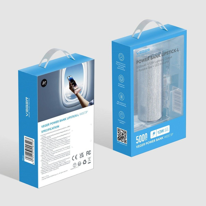 VEGER powerbank 5000 mAh z wbudowanym złączem Typ C PD QC3.0 2,4A 12W PlugOn (W0573) srebrny