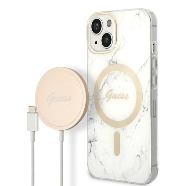 Zestaw Etui Guess Case+ Charger iPhone 14 Plus 6,7" biały/white hard case Marble MagSafe