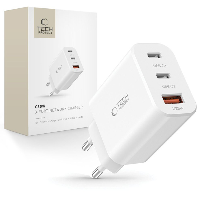 ŁADOWARKA TECH-PROTECT C30W 3-PORT NETWORK CHARGER PD30W/QC3.0 WHITE