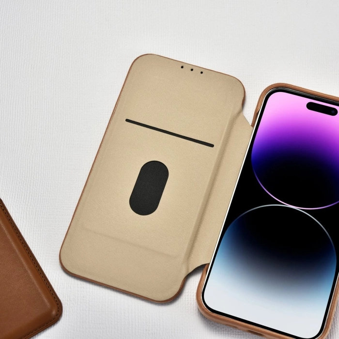 iCarer CE Premium Leather Folio Case skórzane etui iPhone 14 Pro z klapką magnetyczne MagSafe brązowy (WMI14220714-BN)