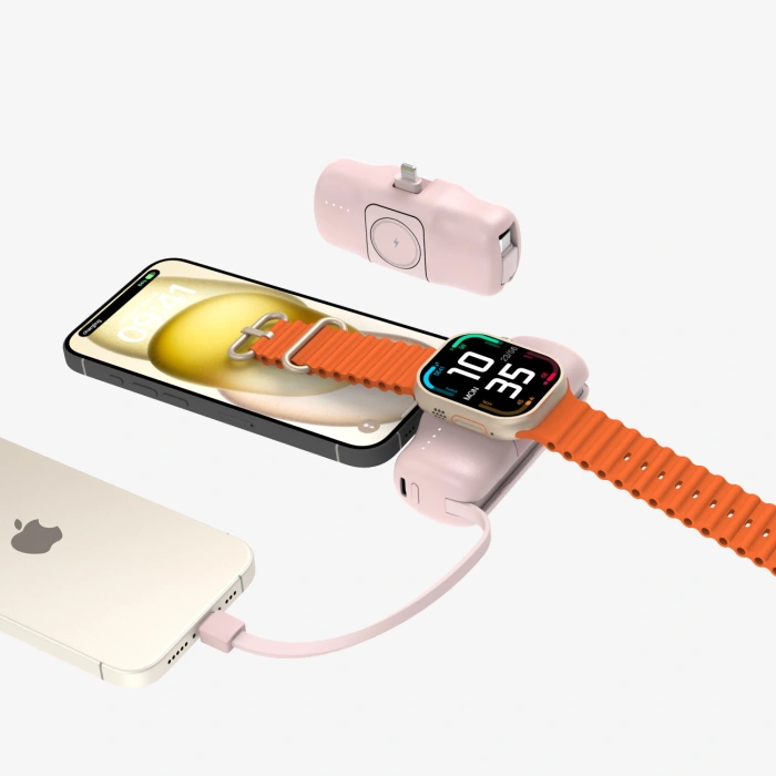 Mini powerbank Wozinsky WF16-YLS 5000mAh 15W Lightning z wbudowanym kablem USB-C i ładowarką do Apple Watch - różowy