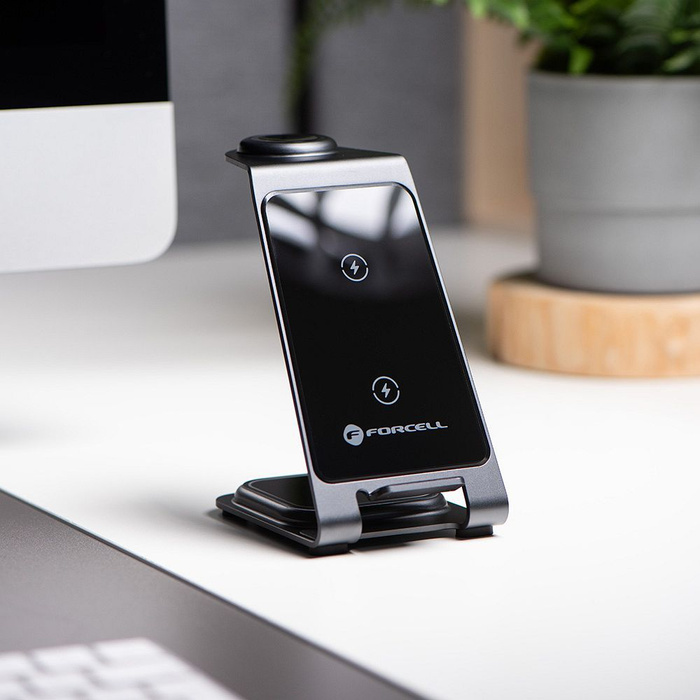 Ładowarka indukcyjna Forcell F-Energy 3w1 Simply Charge aluminiowa kompatybilna z Apple Watch i Samsung Watch szara