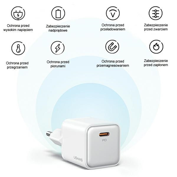USAMS Ład. siec. 1xUSB-C PD30W PD3.0 Fast Charging US-CC186 + kabel USB-C/Lightning US-SJ610 biały/white YX Series YXXLOGTC04