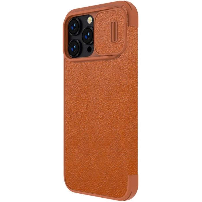 Etui Nillkin Qin Leather Pro Case etui iPhone 14 Pro Max osłona na aparat kabura pokrowiec obudowa z klapką brązowy
