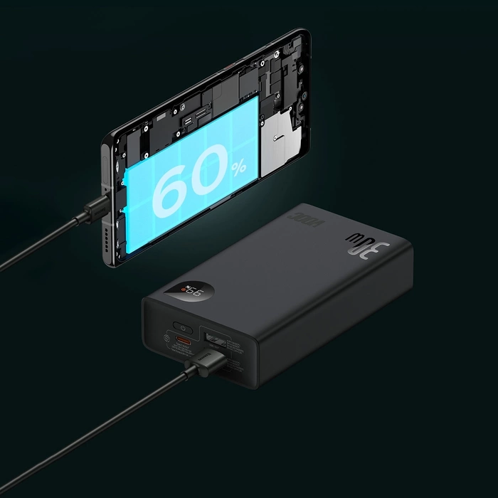 Baseus Adaman2 powerbank z wyświetlaczem cyfrowym 20000mAh 30W 2 x USB / 1x USB Typ C Power Delivery Quick Charge SCP, Oppo Super VOOC czarny (PPAD050101)