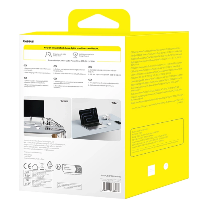 Kostka listwa zasilająca Baseus PowerCombo 7 w 1, 3 AC + 3 x USB-A + 1 x USB-C 20W 1,5 m - biała