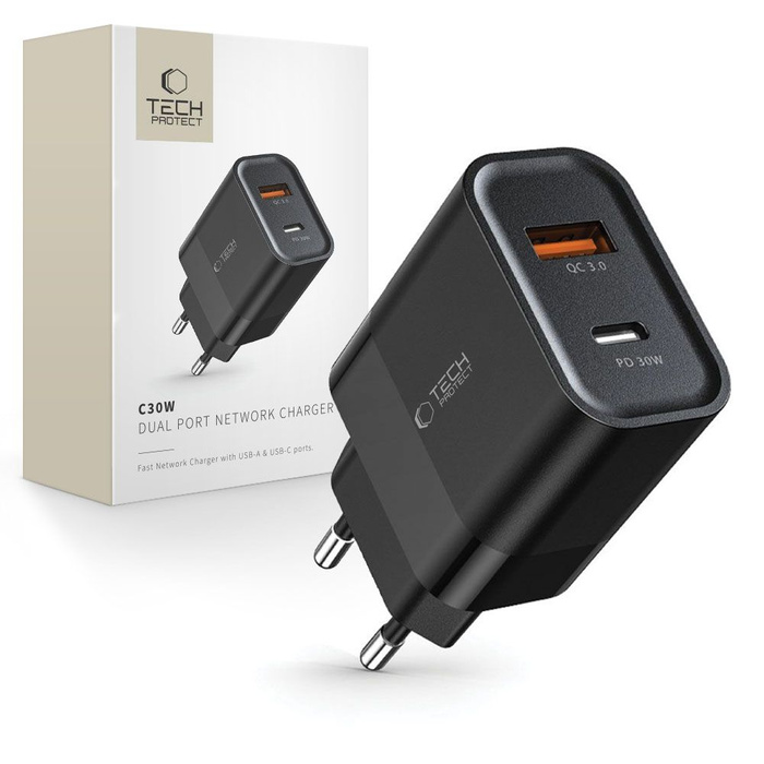 ŁADOWARKA TECH-PROTECT C30W 2-PORT NETWORK CHARGER PD30W/QC3.0 BLACK