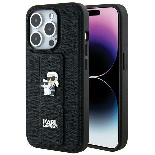 Etui Karl Lagerfeld KLHCP14LGSAKCPK iPhone 14 Pro 6.1" czarny/black hardcase Gripstand Saffiano Karl&Choupette Pins Case
