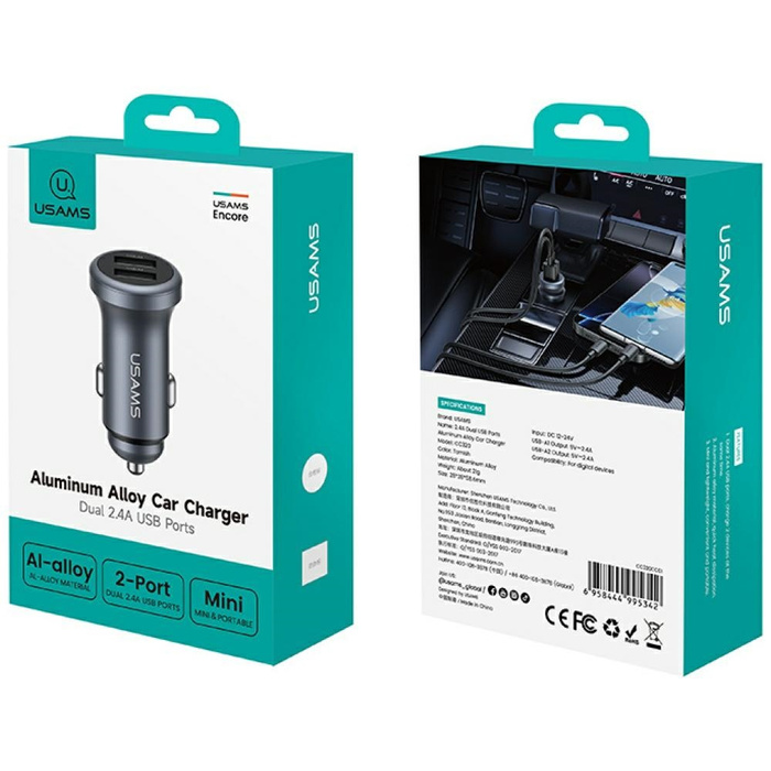 Ładowarka samochodowa USAMS CC320        Aluminium 2.4A 2xUSB-A tarnish