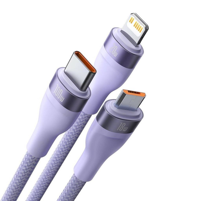 Baseus Flash Series II kabel USB Typ C / USB Typ A - USB Typ C / Lightning / micro USB 100 W 1,2 m fioletowy (CASS030105)