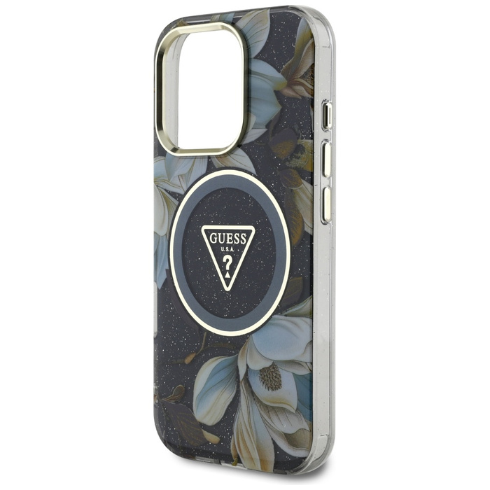 Etui Guess Glitter Flowers Triangle       Buttons MagSafe do iPhone 16 Pro Max czarny