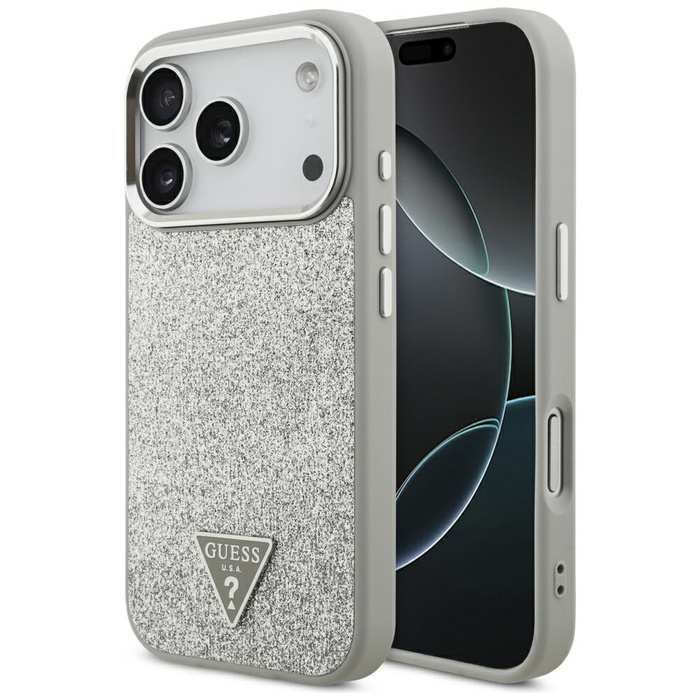Etui Guess Glitter Triangle Logo MagSafe do iPhone 17 Pro srebrny
