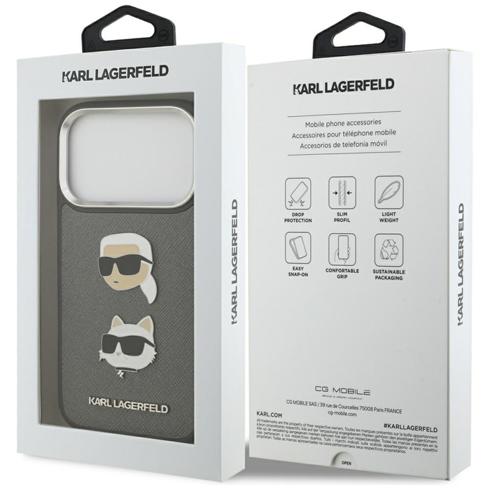 Etui Karl Lagerfeld FW Grained Karl &    Choupette Heads Pins & Logo do iPhone 17 Pro szary
