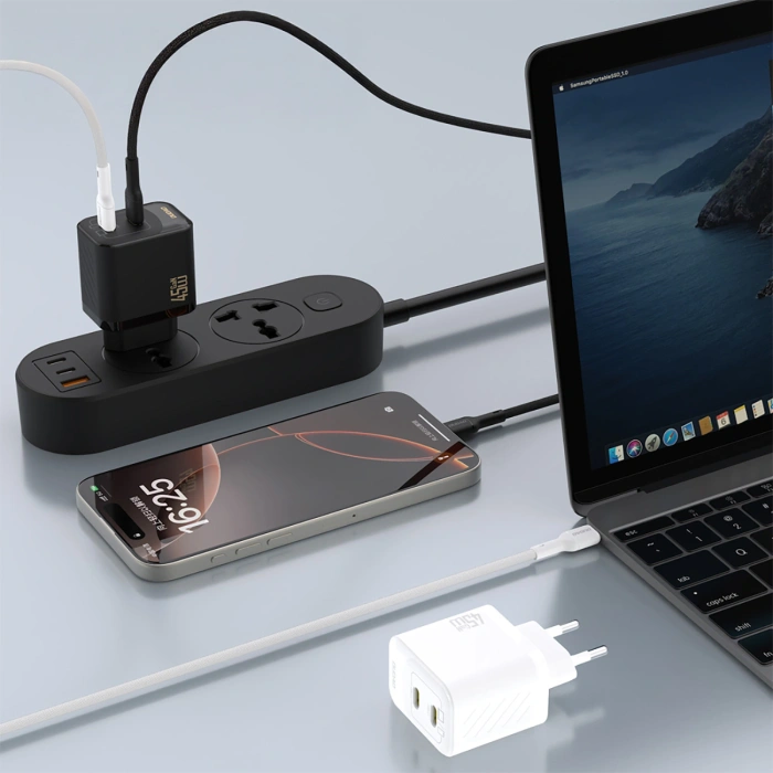 Ładowarka sieciowa Dudao A28PCEU PD 45W GaN 2xUSB-C z kablem USB-C - czarna