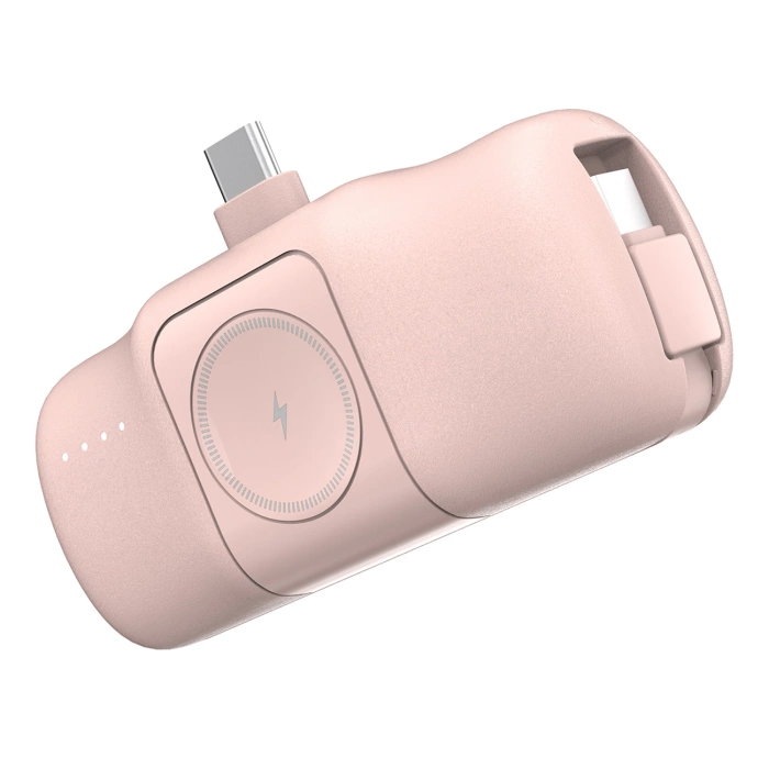 Mini powerbank Wozinsky WF16-YCS 5000mAh 15W USB-C z wbudowanym kablem USB-C i ładowarką do Apple Watch - różowy