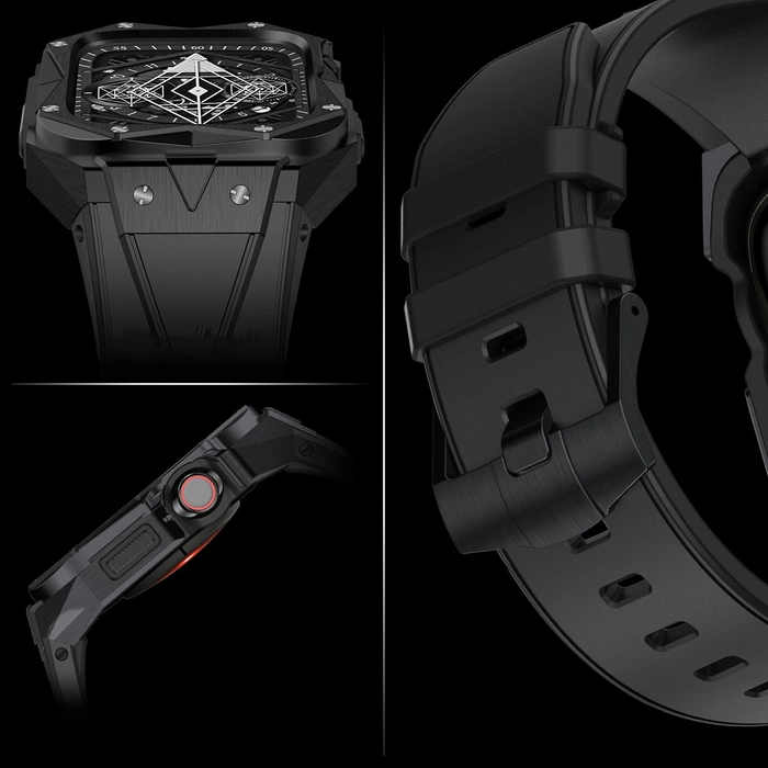 [PO ZWROCIE] Kingxbar CYF140 2w1 pancerne etui Apple Watch 9, 8, 7 (45 mm) ze stali nierdzewnej z paskiem czarne