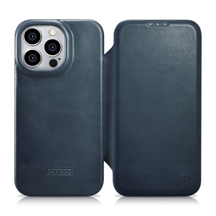 iCarer CE Oil Wax Premium Leather Folio Case skórzane etui iPhone 14 Pro z klapką magnetyczne MagSafe niebieski (AKI14220706-BU)