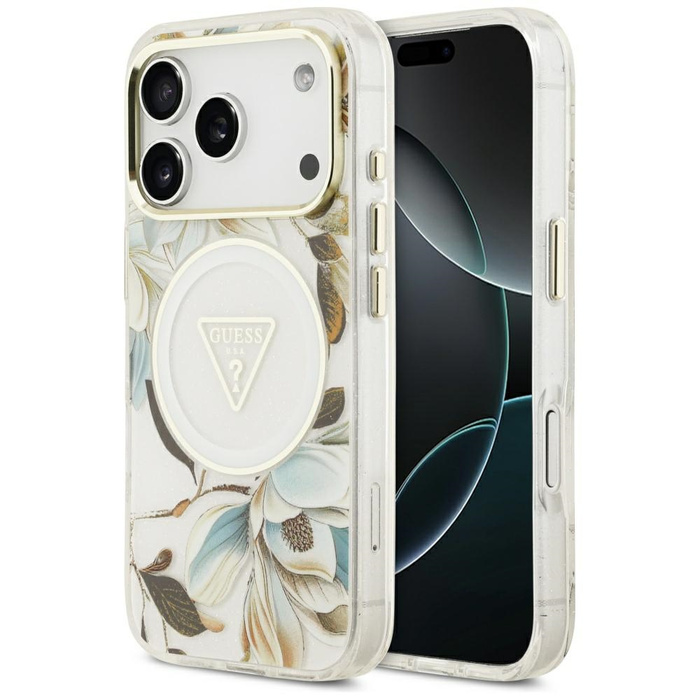 Etui Guess IML Glitter Flowers Triangle  MagSafe do iPhone 17 Pro biały