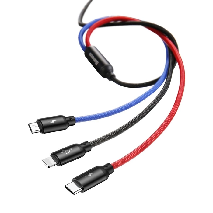 Baseus Three Primary Colors kabel 3w1 USB - micro USB / Lightning / USB-C w nylonowym oplocie 3.5A 1,2M czarny (CAMLT-BSY01)
