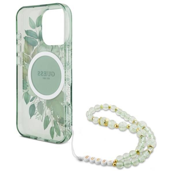 Etui Guess iPhone 16 Pro Max 6.9" zielony/green hardcase IML Flowers With Pearl Strap MagSafe