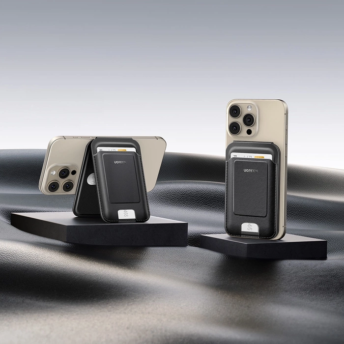 Portfel magnetyczny z funkcją podstawki do iPhone MagSafe, Ugreen LP836, skórzany (czarny)