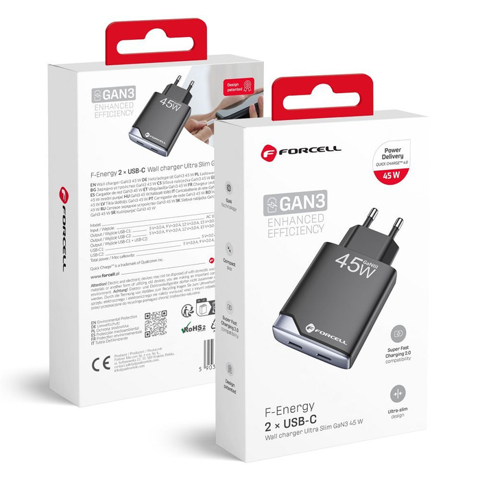 Ładowarka sieciowa do telefonu Forcell F-Energy Ultra Slim GaN III 2 x USB C PD QC4.0 3A 45W B245201(2C) czarna