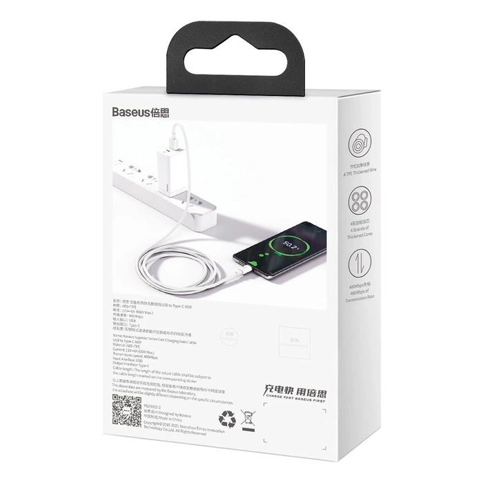 [PO ZWROCIE] Baseus Superior kabel USB - USB Typ C 66 W 6A 1 m Biały (CATYS-02)