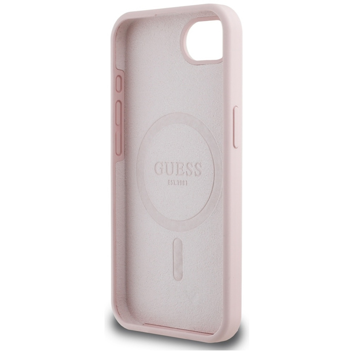 Etui Guess Silicone Script Metal Logo    MagSafe do iPhone 16e różowy