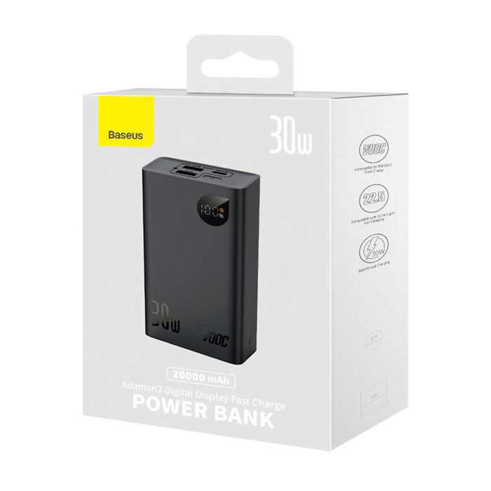 Baseus Adaman2 powerbank z wyświetlaczem cyfrowym 20000mAh 30W 2 x USB / 1x USB Typ C Power Delivery Quick Charge SCP, Oppo Super VOOC czarny (PPAD050101)