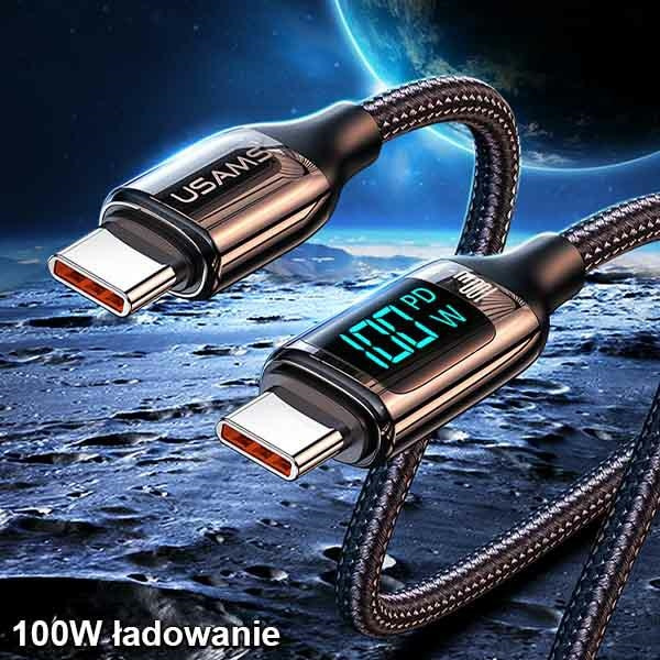 USAMS Kabel pleciony U78 USB-C na USB-C LED 1.2m 100W Fast Charging czarny/black SJ546USB01 (US-SJ546 )