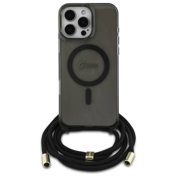 Etui Guess iPhone 16 Pro czarny/black hardcase Crossbody Cord Script MagSafe