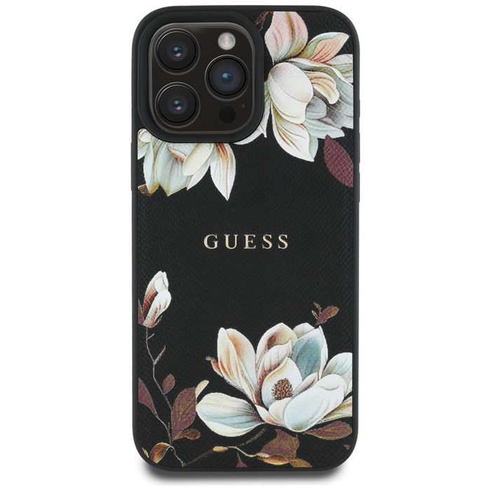 Etui Guess Grained Printed Flower         Pattern MagSafe do iPhone 16 Pro czarny