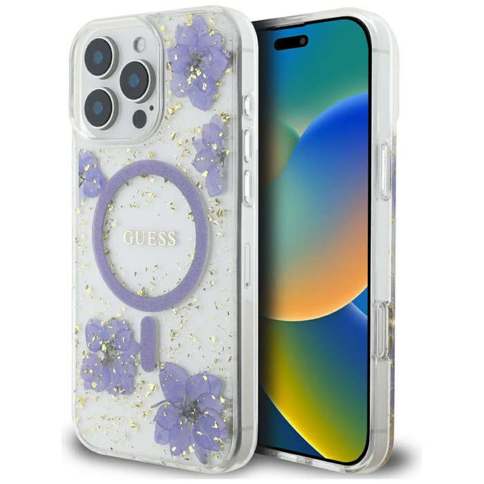 Etui Guess Resin Flowers MagSafe do      iPhone 16 Pro Max fioletowy