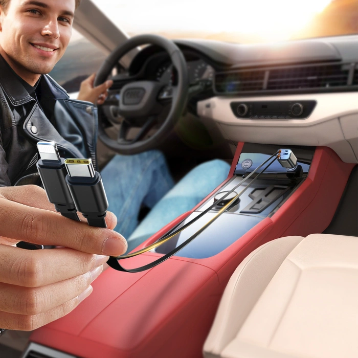 Ładowarka samochodowa Joyroom JR-CCL05 30W 4w1 z 2 wbudowanymi kablami zwijanymi - ciemnoszara