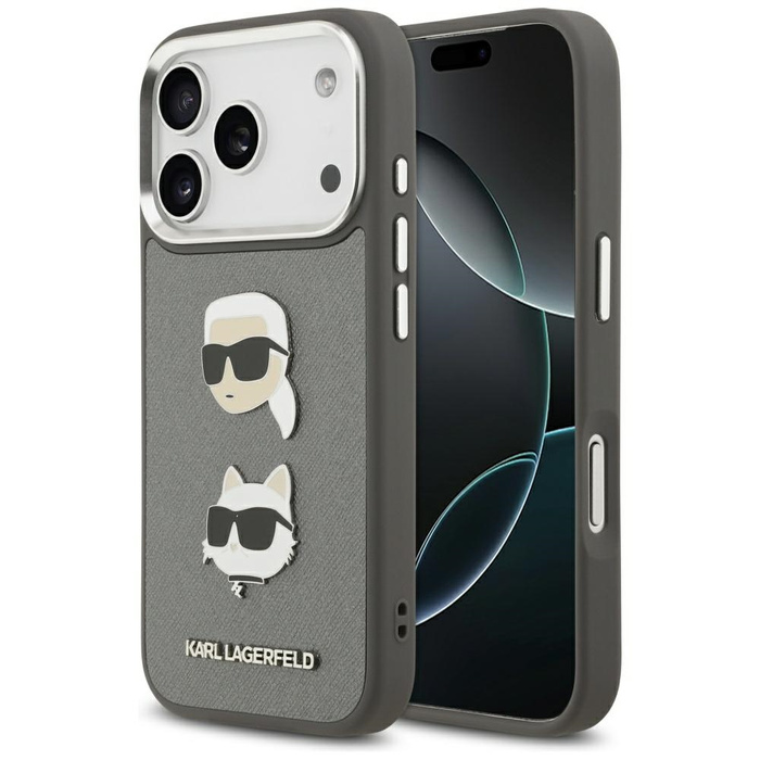 Etui Karl Lagerfeld FW Grained Karl &    Choupette Heads Pins & Logo do iPhone 17 Pro szary
