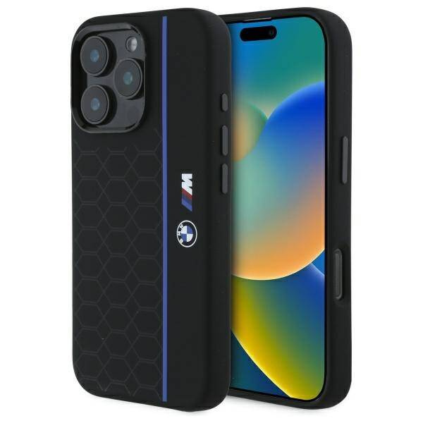 Etui BMW iPhone 16 Pro Max czarny/black hardcase Silicone Hexagon Blue Line MagSafe