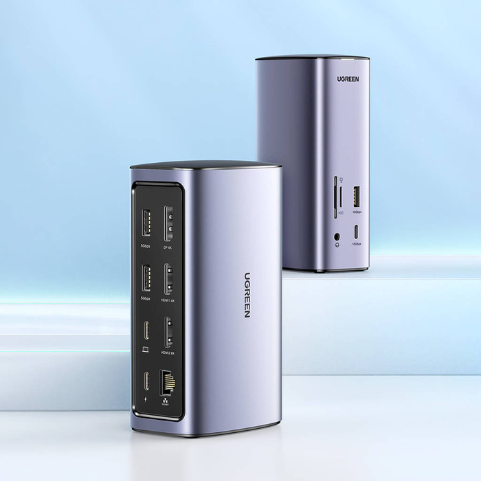 Ugreen wielofunkcyjna stacja dokująca HUB 12w1 USB C USB HDMI DP RJ45 AUX SD TF szara (CM555)