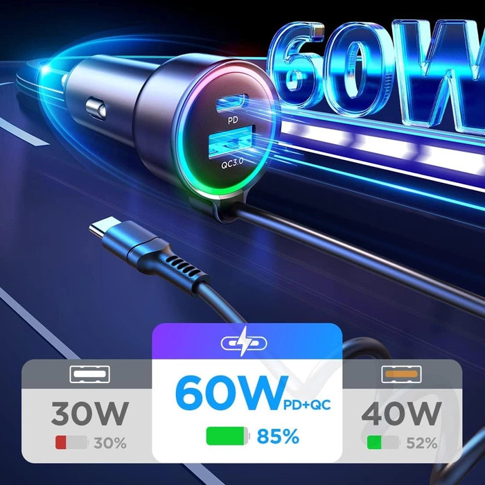 [PO ZWROCIE] Joyroom szybka ładowarka samochodowa 3 w 1 z kablem USB Typ C 1,6m 60W czarny (JR-CL07)