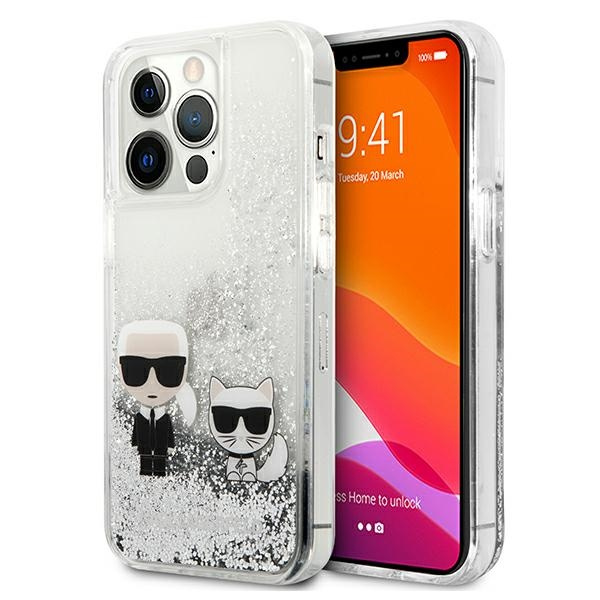 Etui KARL LAGERFELD Apple iPhone 13 Pro Max Liquid Glitter Karl&Choupette Srebrny Hardcase