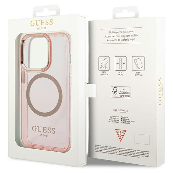 Etui GUESS Apple iPhone 14 Pro Max Gold Outline Translucent MagSafe Różowy Hardcase