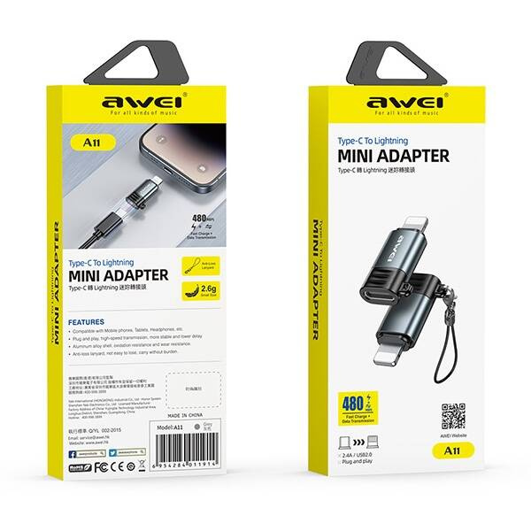 AWEI Adapter A11 USB-C/Lightning szary    /grey