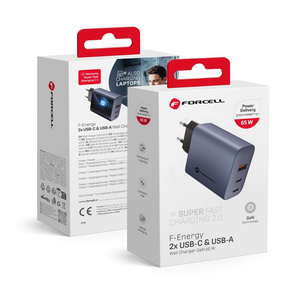 Ładowarka sieciowa do telefonu Forcell F-Energy GaN 2 x USB C + USB A QC4.0 PD 4A 65W VT-42B szara