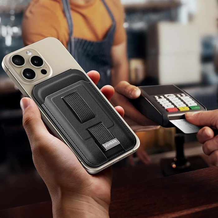 Portfel magnetyczny z funkcją podstawki i uchwytu do iPhone MagSafe, Ugreen LP836, skórzany (czarny)