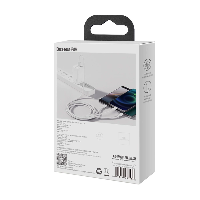 Kabel Baseus Superior Series USB-A - USB-C / Lightning / micro USB 3.5A 1m - biały