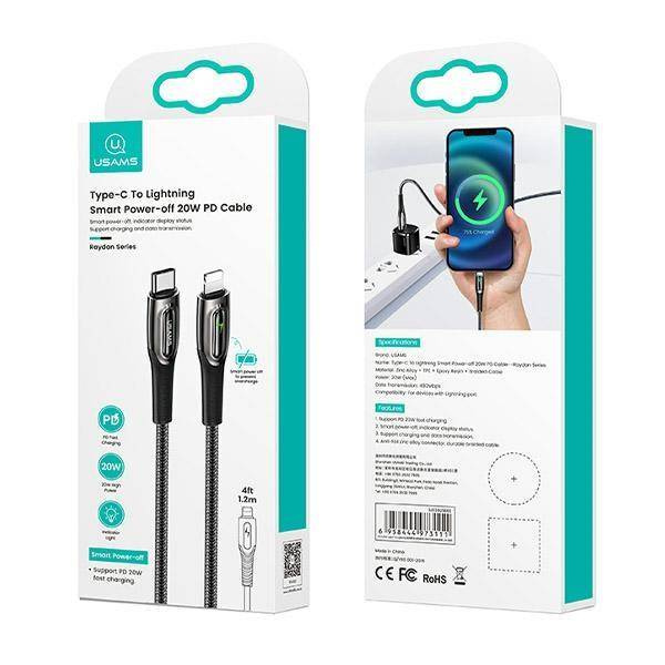 USAMS Kabel pleciony USB-C na Lightning Smart Power-off 20W PD Cable1.2m ciemny zielony/dark green SJ518USB02 (US-SJ518)
